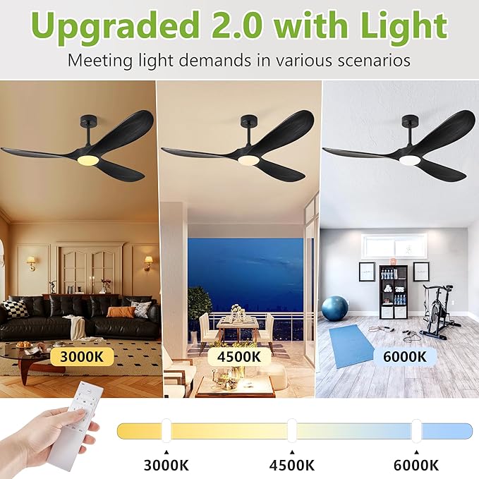 Ceiling Fans with Lights, 60 Inch Solid Wood Black Ceiling Fans with Lights and Remote Control for Outdoor Ceiling Fan with Light Propeller for Porch Farmhouse, DC ETL Listed, Matte Black