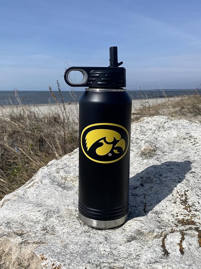 Game Day Outfitters University of Iowa 32oz Stainless Steel Double Walled Black Beverage Bottle with Flip Straw Spout - College Gear for Playoff Season – Show your Hawkeye Pride