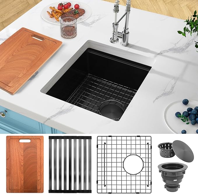 Black Bar Sink Undermount,Small Bar & Prep Sinks,16 Gauge Stainless Steel Bar Sink with Workstation for Wet Bar Area,Special Offset Drain Design (16" X 18")