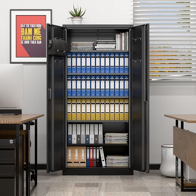 71" H Metal Garage Cabinet with Pegboards and Hooks,Tool Storage Cabinet with 2 Doors and 5 Adjustable Shelves for Office, Home, Garage, Gym, School, Assembly Required,Black