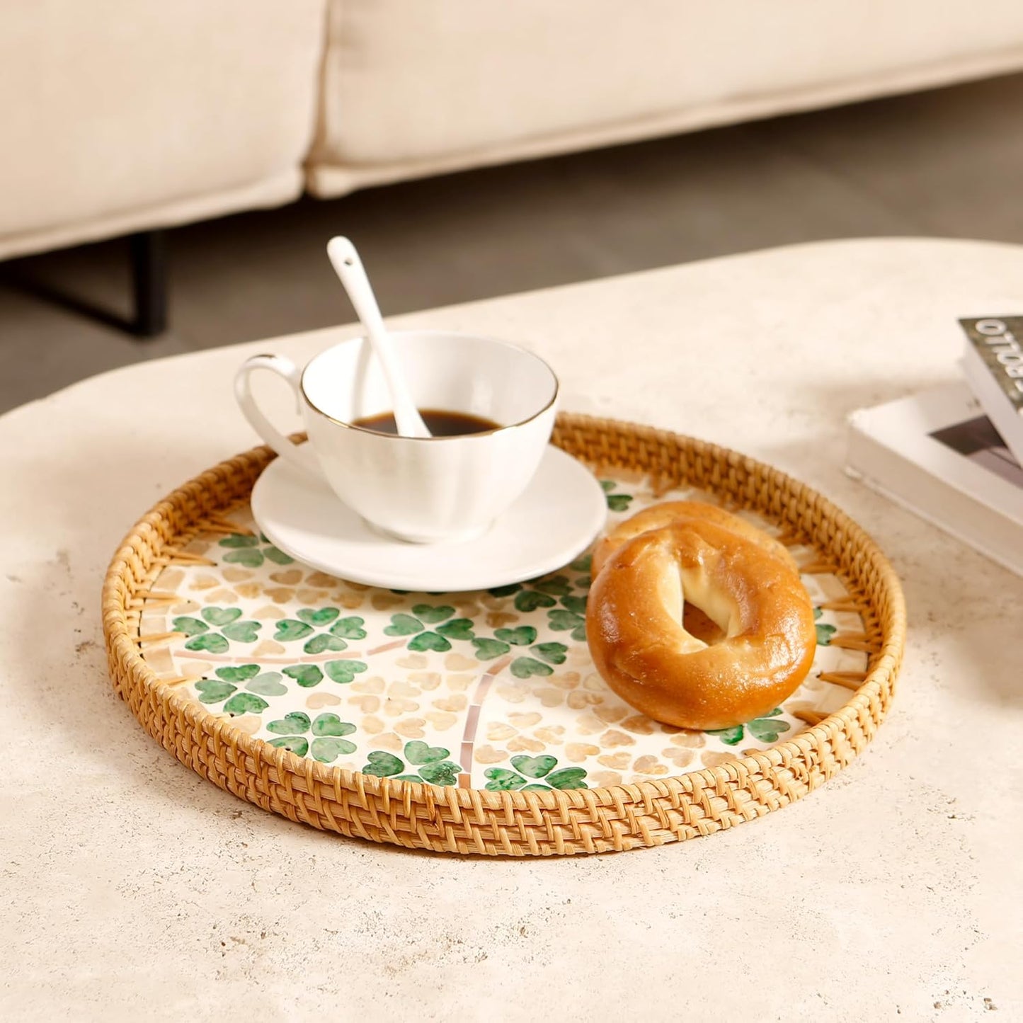 Round Rattan Tray with Mother of Pearl Inlay & Wooden Base - Decorative Wicker Serving Tray for Coffee/Bread/Fruits, Food Storage & Display - Multipurpose Home Decor (L,Four-Leaf Clover)