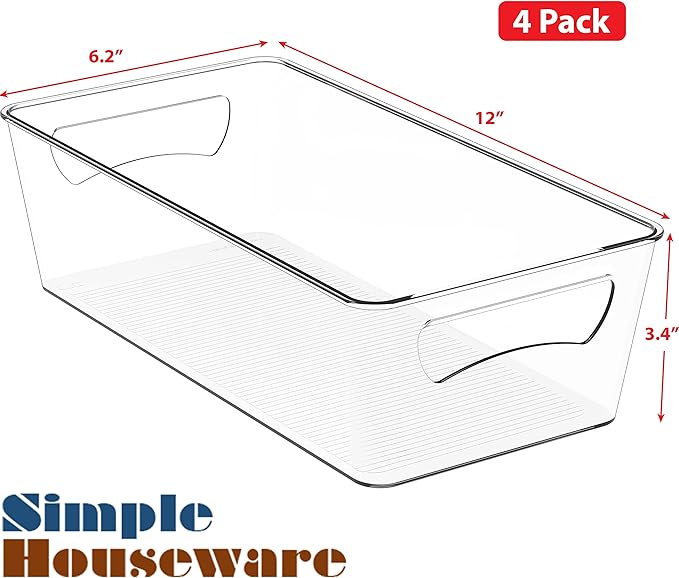 Simple Houseware Clear Storage Bins Organizer for Freezer / Fridge / Pantry, 12'' x 6.2'' x 3.4'', 4 Packs