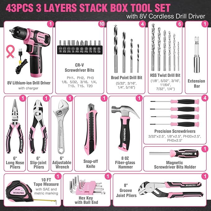 WORKPRO Pink Cordless Drill Driver with Toolbox, 8V Lithium-ion Power Drill and Bits, 2.0 Ah Portable Electric Screwdriver Home Tool Set with Stackable Pink Ribbon Tool Box
