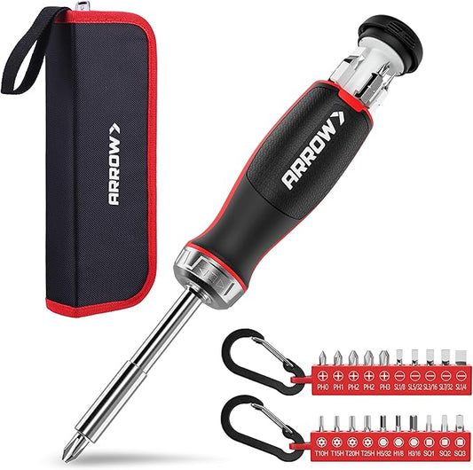 ARROW Ratchet Screwdriver Set, 27-IN-1 Multi Bit Ratcheting Screwdriver with Durable Zipper Storage Pouch, Portable Screw Driver Set Kit with Phillips, Slotted, Torx, Square Bits