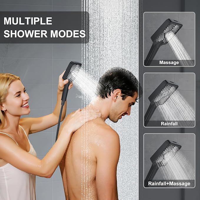 Thermostatic Shower System 13-Inch Rainfall Shower Head - 3 Setting Handheld Sprayer, Complete Bathroom Set with Faucet Mixer Trim Kit & Valve Matte Black