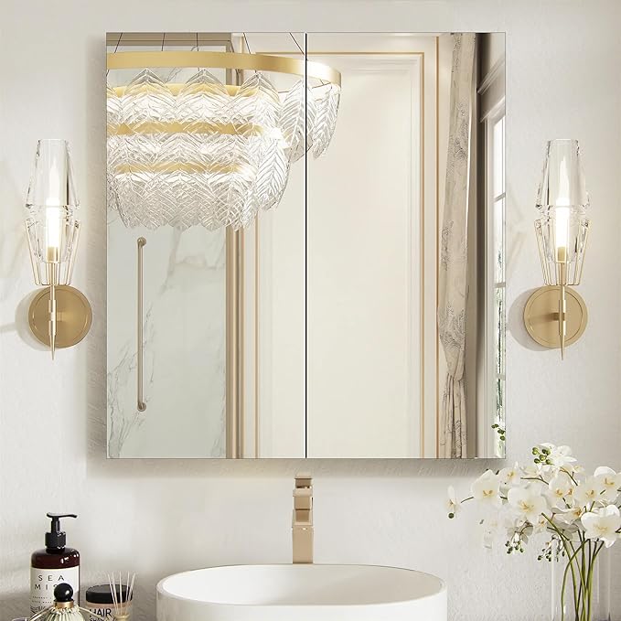 Medicine Cabinet with Mirror Door&Adjustable Shelves, Wall-Mounted Rectangular Medicine Cabinet Beveled Edge Frame, Dual Mirror Doors, 30" x 31.5"x 4.7"