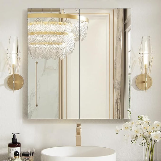 Medicine Cabinet with Mirror Door&Adjustable Shelves, Wall-Mounted Rectangular Medicine Cabinet Beveled Edge Frame, Dual Mirror Doors, 30" x 31.5"x 4.7"