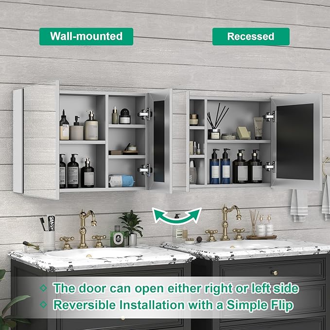 36 x 24 Farmhouse Medicine Cabinet, Tempered Frameless Bathroom Mirror with Storage, Silver Recessed or Surface Mount Aluminum Medicine Cabinet for Bathroom Modern