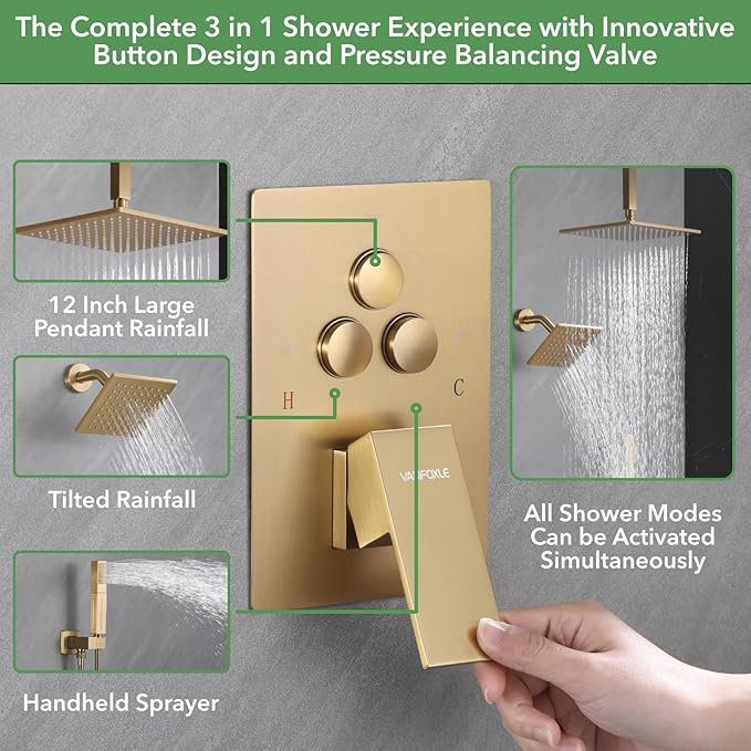 VANFOXLE Shower Faucet Set Brushed Gold Shower System,Push Button Diverter Shower Faucet with 2 in 1 Handheld,Ceiling Mount Increased Thickness 12 Inch Shower Head with 6 Inch Wall Mount Shower Head