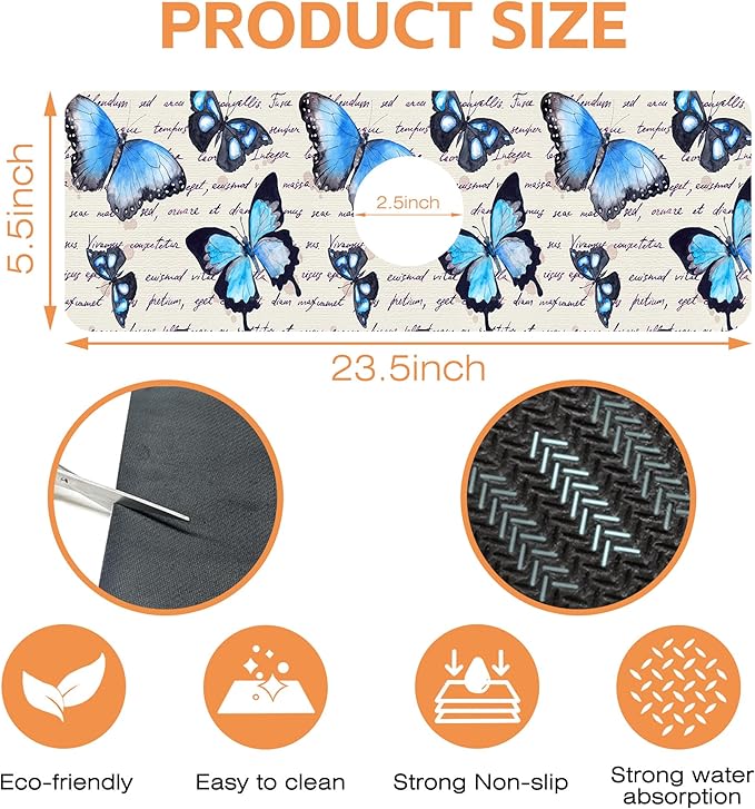 Kitchen Sink Splash Guard Faucet Mat Butterflies Hand Written Text Sink Splash Guard Behind Faucet,1 PC Soft Diatom Mud Non-Slip Mat-for Kitchen,Dish Drying Mat,Bathroom Faucet Mat 15.5"X5.5"