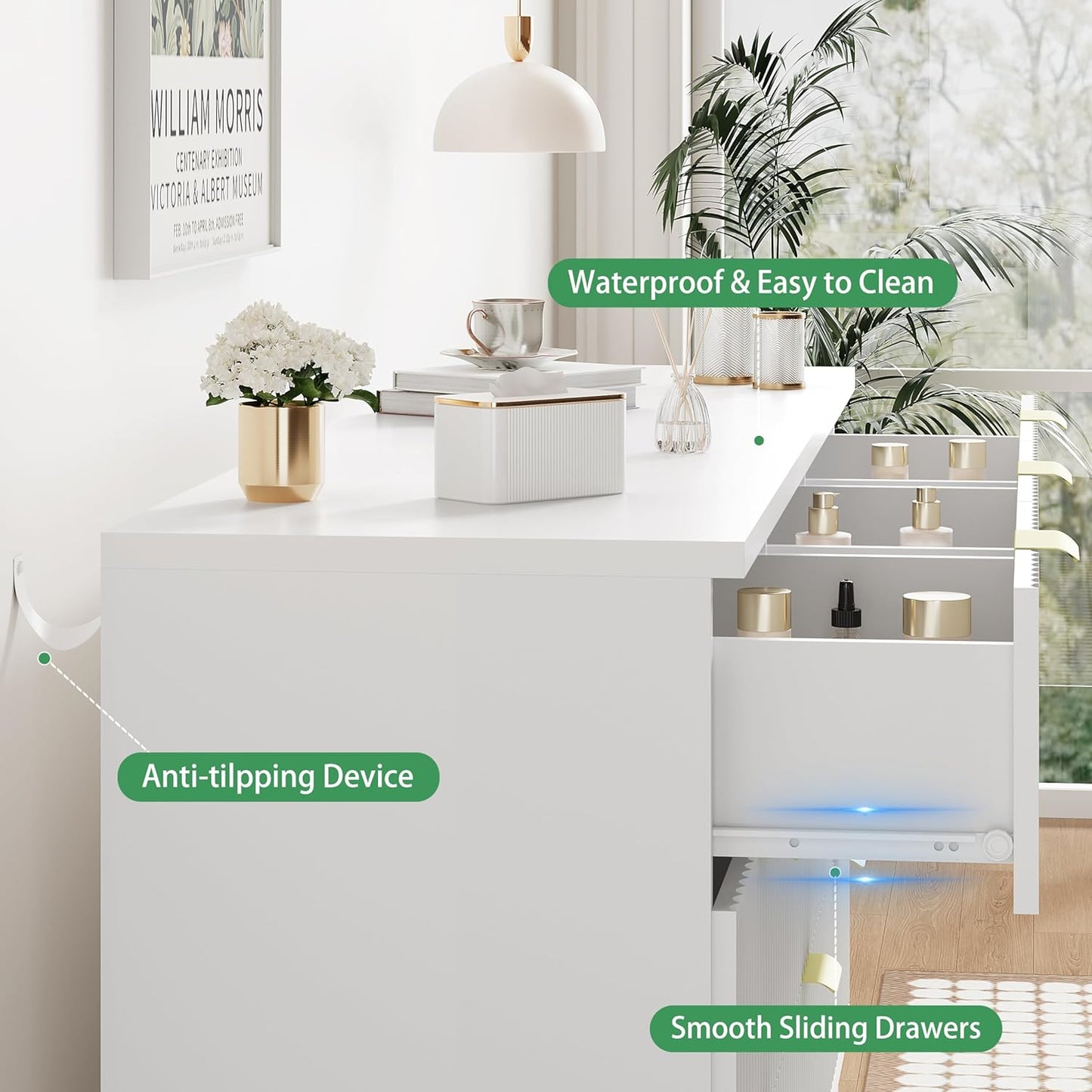 Fluted Dresser for Bedroom with 9 Drawers, 57" Wide Modern Chest of Drawers with Metal Handle, Wooden Dresser TV Stand, Wood Closet Clothes Storage Organizer for Living Room, Hallway, White