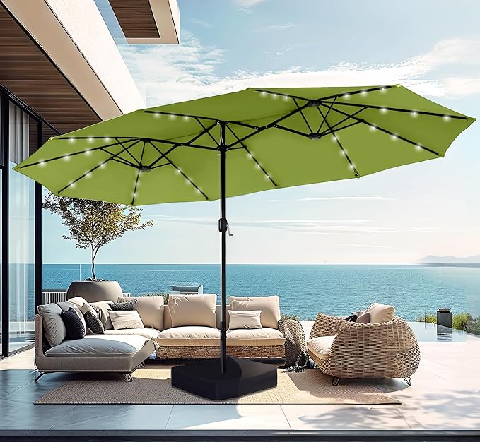 PHI VILLA 15 ft Umbrella Outdoor Patio Solar Lights with Base, Outdoor Double-Sided Large Market Rectangle Umbrellas with 36 LED Lights, Lime Green