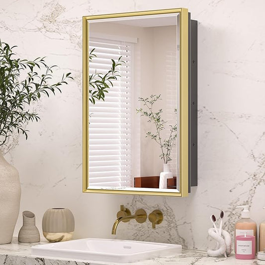 Keonjinn 17" x 25" Gold Medicine Cabinets for Bathroom with Mirror, Recessed or Surface Wall-Mounted Aluminum Alloy Framed Beveled Mirror, Single Door Metal Bathroom Vanity Mirror with Storage Cabinet