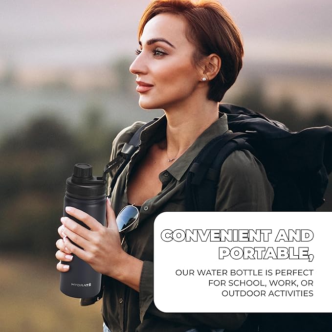 HYDRATE Insulated Stainless Steel Water Bottle - Large Reusable Flask with Leak-Proof Design and Convenient Handle - Double Vacuum Insulation for School, Work, or Adventure