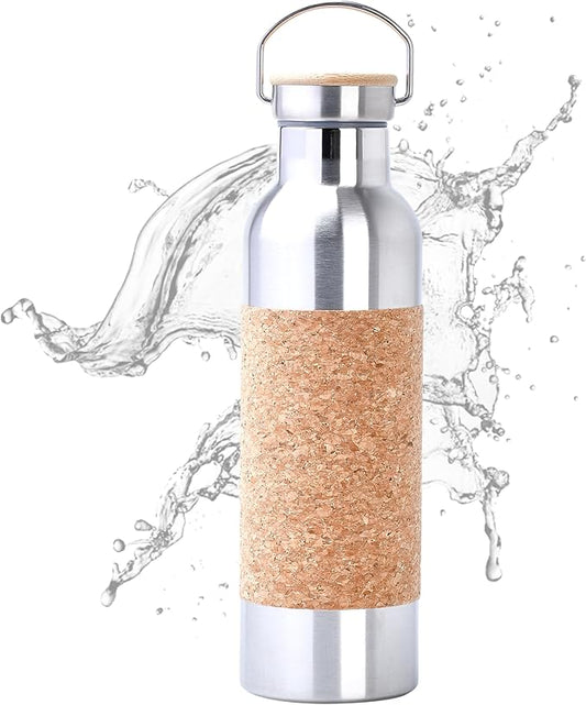 SteadyDoggie 25oz Yoga Water Bottle - Non-Slip Cork Design - Double Wall Vacuum Insulation - Leak-Proof Cap - Metal Tumbler For Hot & Cold Drinks - With THIN DETACHABLE Cork SLEEVE- 10.3 x 3 in