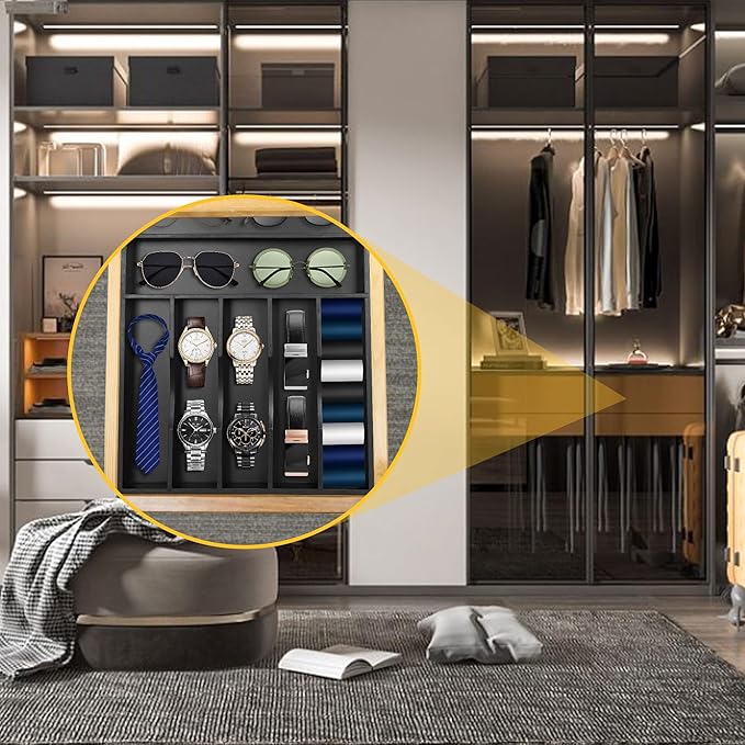 Kitchen Bamboo Silverware Organizer, Kitchen Drawer Organizer - Utensil Holder and Cutlery Tray with Grooved Drawer Dividers for Flatware 7 Slot, Black