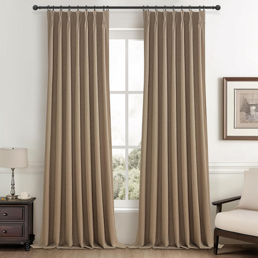 RustBrown Linen Pinch Pleated Blackout Curtains & Drapes 96 Inch Long Bedroom/Livingroom Farmhouse Curtains 2 Panel Sets, Neutral Track Room Darkening Thermal Insulated 8ft Back Tab Window Curtain