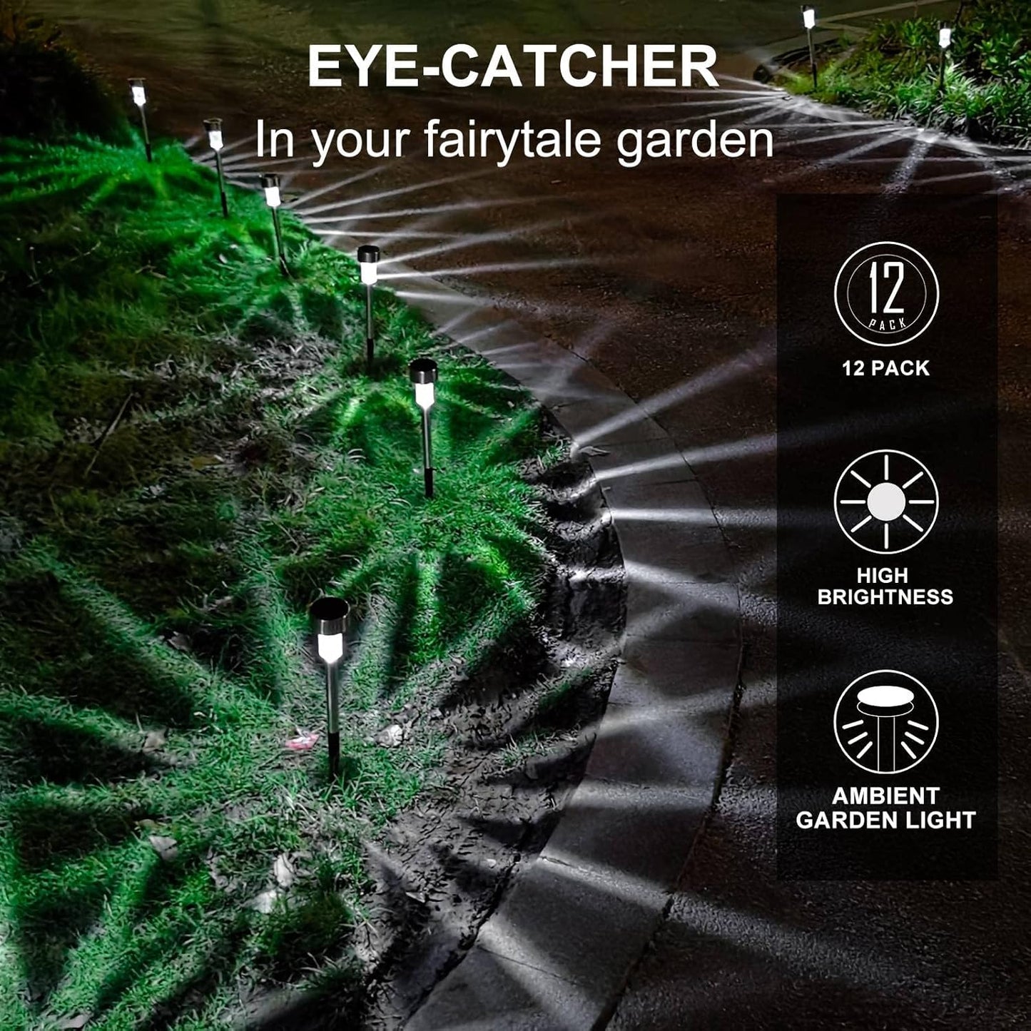 Solar Lights Outdoor Waterproof, Stainless Steel LED Landscape Lighting, Solar Garden Lights Solar Powered, Outdoor Solar Lights for Yard, Pathway, Walkway, Patio , Lawn - 12 Pack ( Cold White )