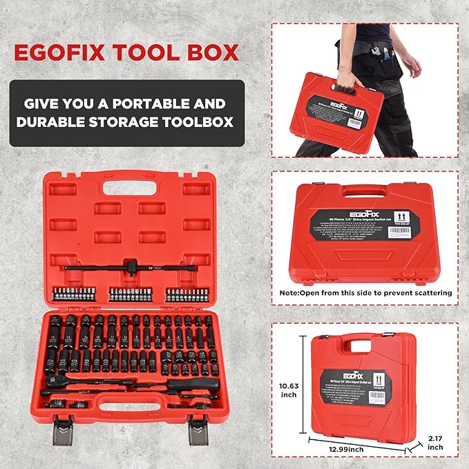 1/4" Drive Impact Socket Set 90 Piece, Metric Socket (4-15mm) and Standard SAE Size (5/32-9/16 inch), with 72-Teeth Ratchet, Screwdriver Bit Set, Mechanics Tool Kit for Home Use and Automotive Repair