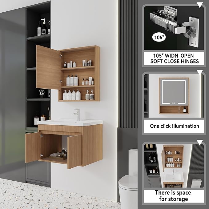 24'' Bathroom Vanity with Ceramic Sink Combo and Medicine Cabinet Mirror with Led Light/Defog, Wall Mounted Small Bathroom Vanity with Soft-Close Door Modern Floating Cabinet, Walnut(No Faucet)