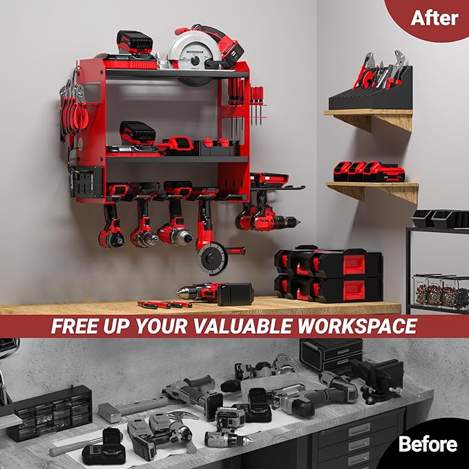 YYR Power Tool Organizer Wall Mount with Charging Station, Cordless Tools Hanger and Battery Storage Rack for Garage Organization, Heavy Duty Drill Holder Shelf Build in Metal Power Strip - Red