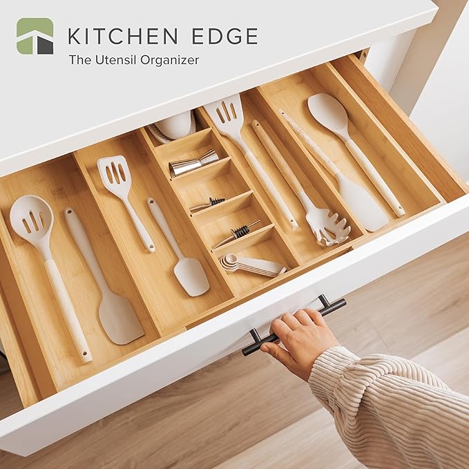 KitchenEdge Adjustable Kitchen Drawer Organizer for Utensils and Junk, Food-Safe Contract Grade with 100% Sustainable Wood, Expandable from 16 to 28 Inches Wide - Natural Bamboo