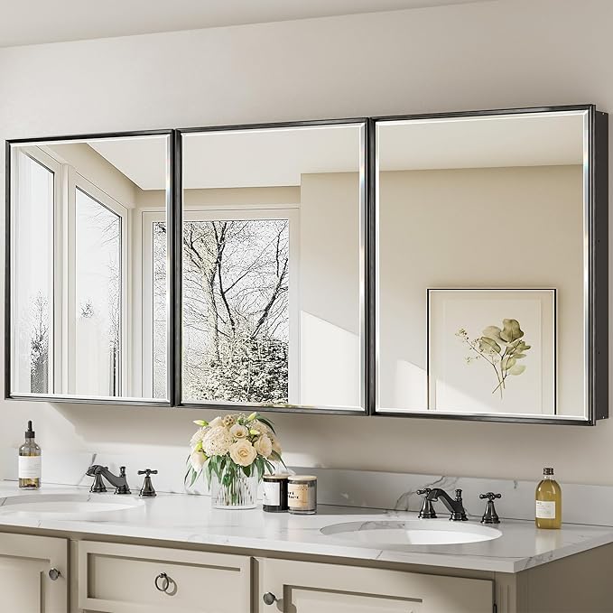 72x30 Matte Black Medicine Cabinet with Beveled Mirror, Surface or Recessed Bathroom Medicine Cabinet Mirror with Adjustable Shelves & 3 Door, Shatterproof Full-Assembled Storage Wall Cabinet