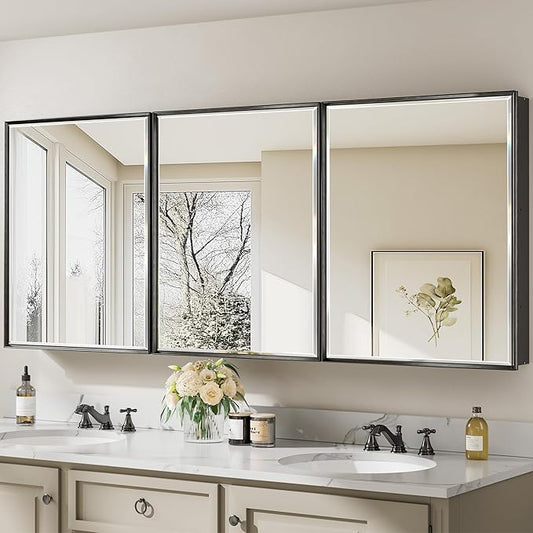 72x30 Matte Black Medicine Cabinet with Beveled Mirror, Surface or Recessed Bathroom Medicine Cabinet Mirror with Adjustable Shelves & 3 Door, Shatterproof Full-Assembled Storage Wall Cabinet