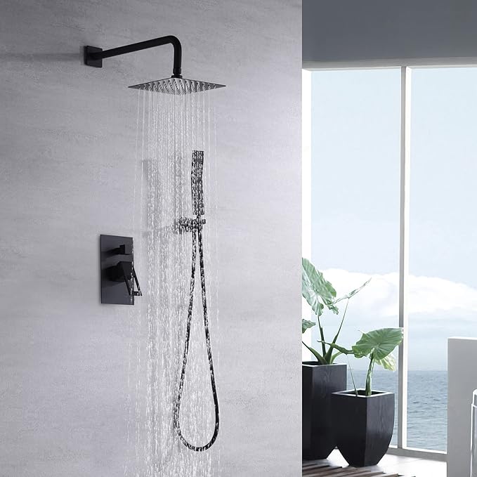 sumerain Matte Black Pressure Balance Shower Systems with 8 Inches Rain shower and Handheld, Rough-in Valve Body and Trim included