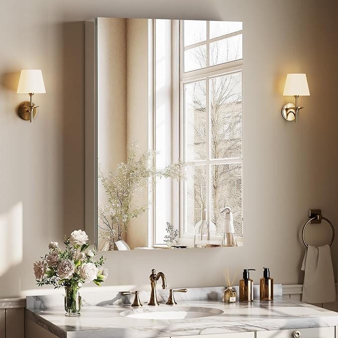 Bathroom Medicine Cabinet with Mirror, 16 Inch x 24 Inch Bathroom Mirror Cabinet with Single Door & Adjustable Shelves, Surface Mount or Recess Installation