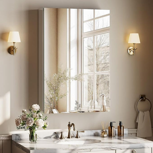 Bathroom Medicine Cabinet with Mirror, 16 Inch x 24 Inch Bathroom Mirror Cabinet with Single Door & Adjustable Shelves, Surface Mount or Recess Installation