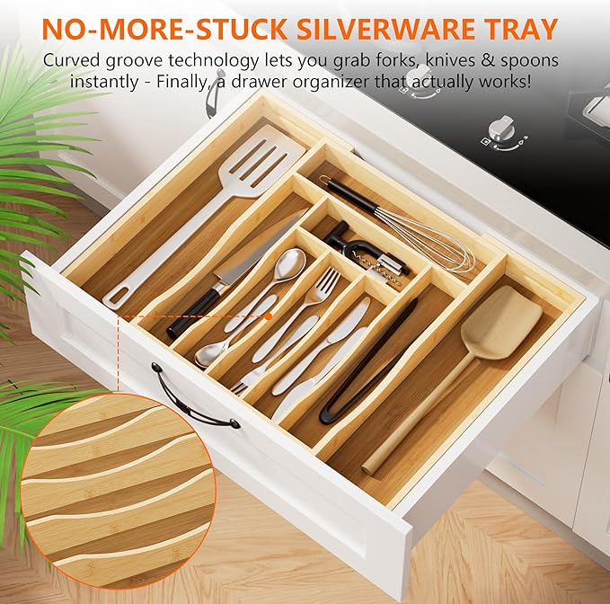 Expandable and Adjustable Bamboo Drawer Organizer Tray - Cutlery Drawer Organizer for Kitchen Utensils, Silverware Organizer with Dividers, 7-9 Slots with Curved Grooves (Natural)