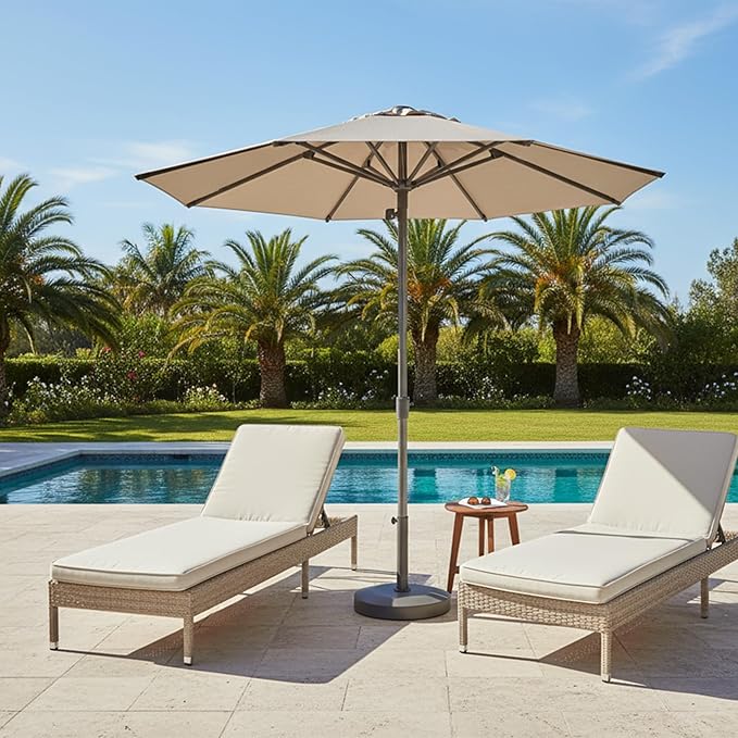 PURPLE LEAF 9 FT Semi-Auto Outdoor Patio Umbrella Market Table Sun Umbrellas with 8 Aluminum Sturdy Ribs for Backyard Deck Garden Pool (Gray Pole Beige Canopy)