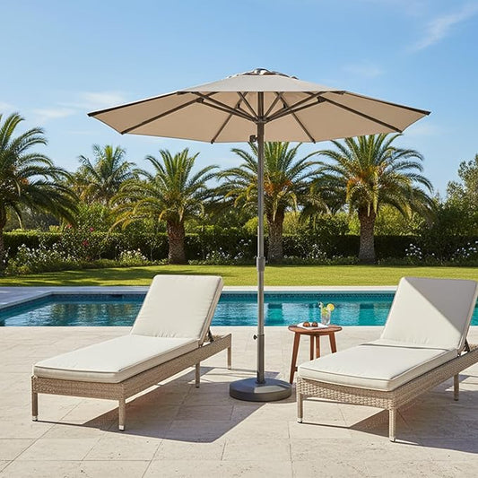 PURPLE LEAF 9 FT Semi-Auto Outdoor Patio Umbrella Market Table Sun Umbrellas with 8 Aluminum Sturdy Ribs for Backyard Deck Garden Pool (Gray Pole Beige Canopy)