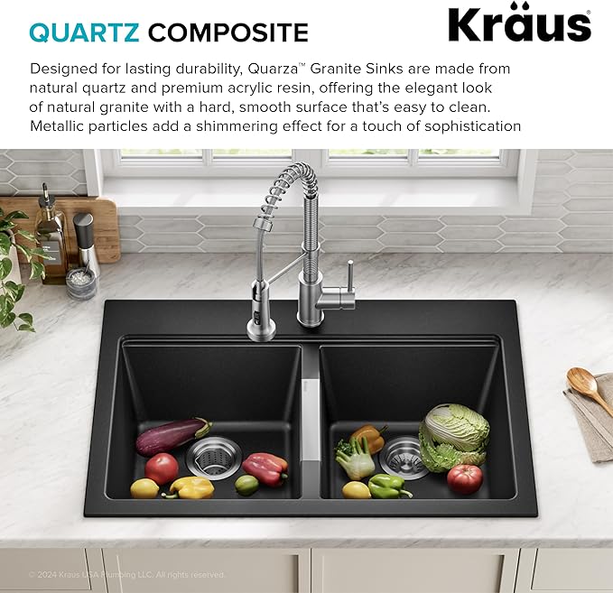 KRAUS Quarza 33-inch Drop-In/Undermount 50/50 Double Bowl Granite Kitchen Sink in Black Onyx, KGD-433B