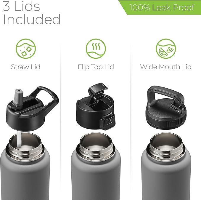 SipX™ Triple-Insulated Stainless Steel Water Bottle 32oz. With 3 Lids, BPA-Free Reusable Insulated Water Bottle Keeps Cold 24 Hours, Metal Water Bottle Made Of Sustainable Material For Hiking & Biking