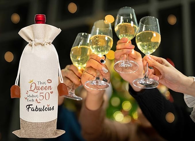 Funny 50th Birthday Wine Bag, Cotton Linen Wine Gift Bag With Drawstring, Wine Champagne Bottle Gift Bag, 50th Birthday Gifts Wine Bag for Woman Her Friend Sister, 50th Birthday Party Favors-26
