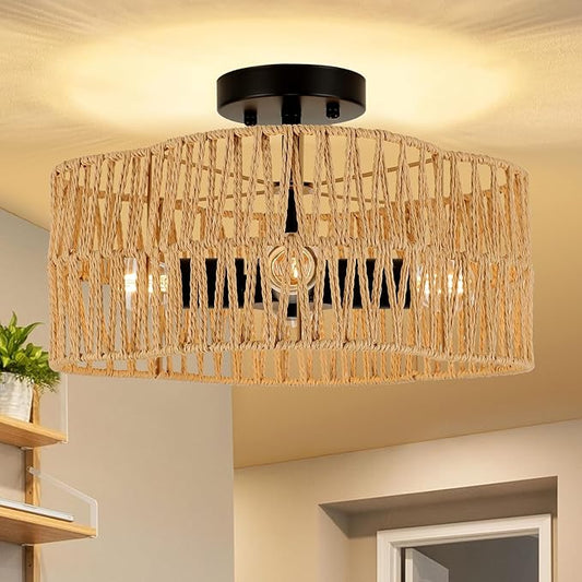 Boho Light Fixtures Ceiling Mount, 4-Light Farmhouse Rattan Ceiling Light Fixture, Semi Flush Mount Ceiling Light with Hand-Woven Shade, Modern Chandelier for Living Bedroom Kitchen Nursery