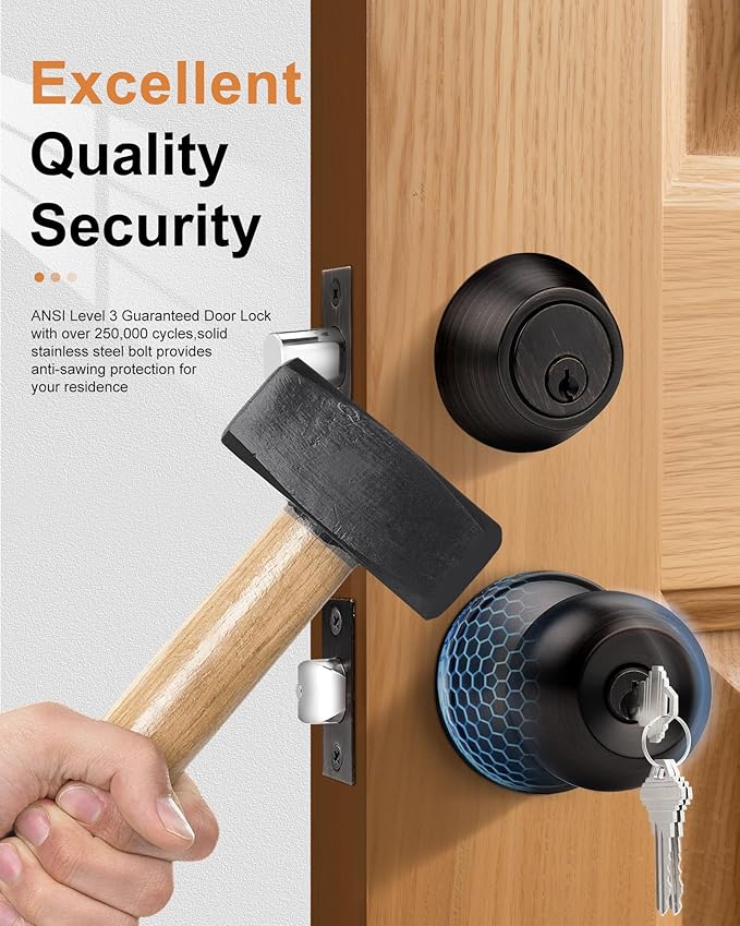Probrico Door Knob with Single Cylinder Deadbolt Set Oil Rubbed Bronze Entry Door Lock with Key, Contemporary Front Door Entrance Lockset Handleset Gate Hardware