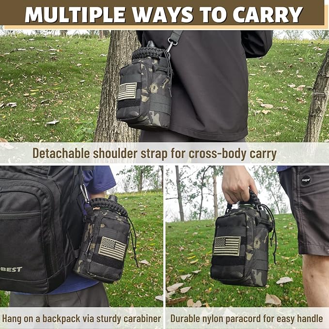 Half Gallon Water Bottle with Sleeve - 64 Oz Insulated Water Jug with Strap Stainless Steel Big Gym Water Bottles for Men Sports Workout Hiking Camo Black