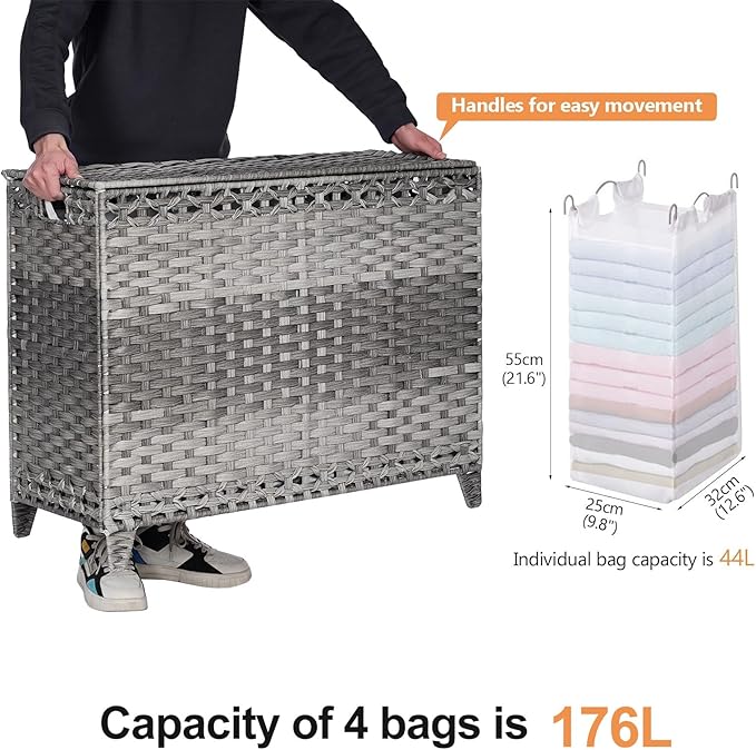 Laundry Hamper with 4 Removable Liner Bags; 176L Handwoven Rattan Laundry Basket with Lid & Heightened Feet; Clothes Hamper with Side Handles(Gray)
