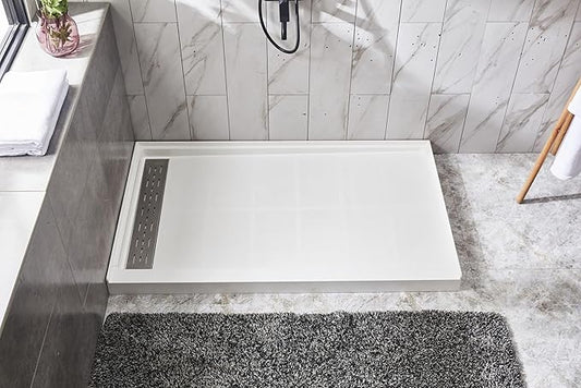 Shower Base Pan in White Left Linear Drainer, Rectangular Shower Base 60"×32"×4" with Non-Slip Floor Panel and Stainless Steel Shower Drain Cover