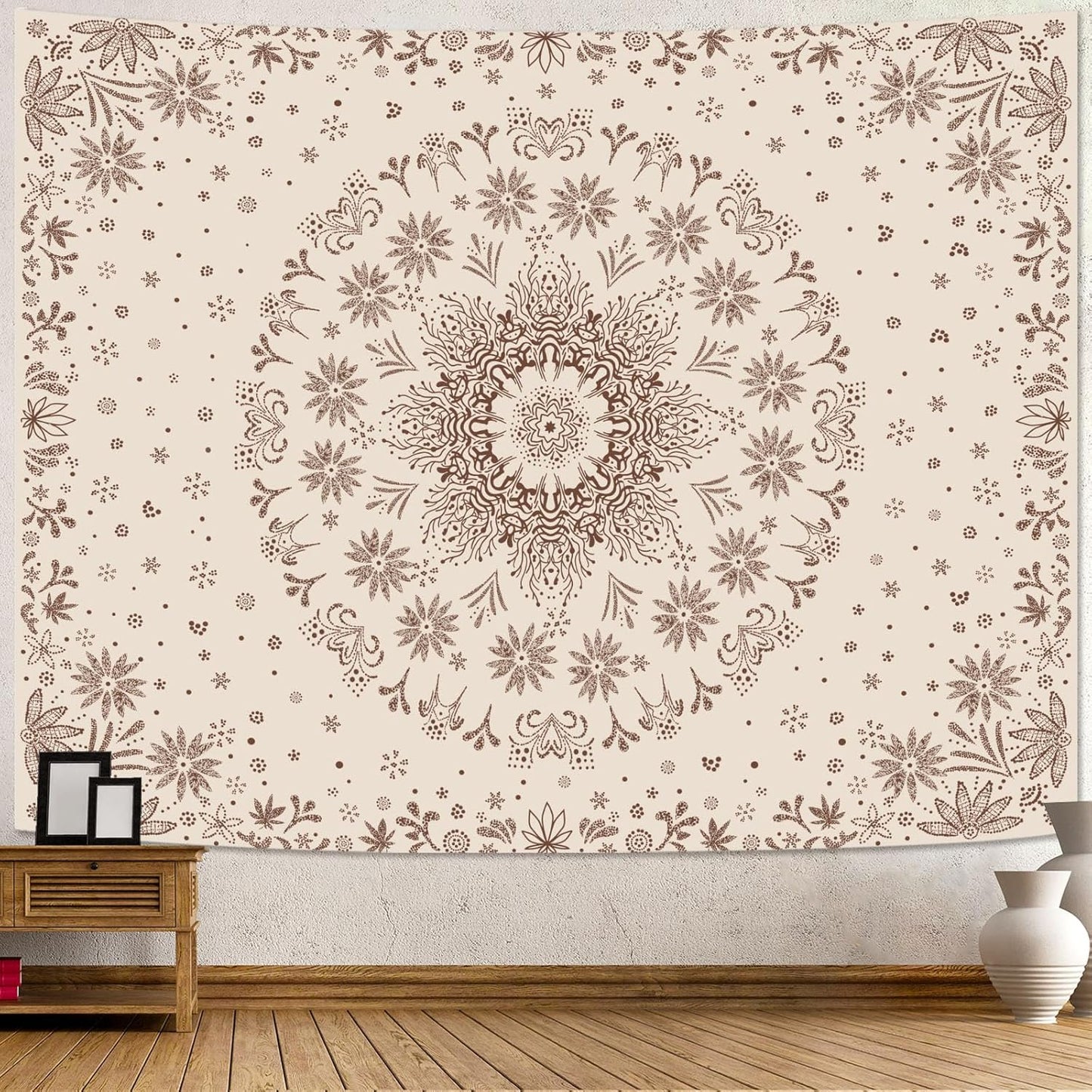 Fowocu Boho Floral Mandala Tapestry Wall Hanging Bohemian Flower Medallion Tapestry Aesthetic Beige Brown Hippie Indian Small Tapestries for Bedroom Living Room Dorm Decor 40 x 30 Inch