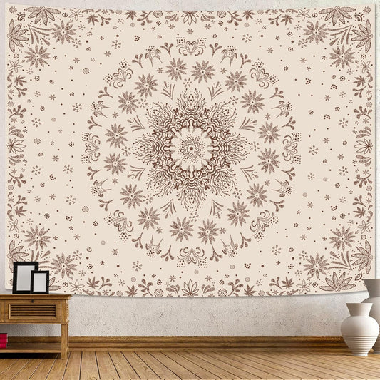 Fowocu Boho Floral Mandala Tapestry Wall Hanging Bohemian Flower Medallion Tapestry Aesthetic Beige Brown Hippie Indian Small Tapestries for Bedroom Living Room Dorm Decor 48 x 36 Inch