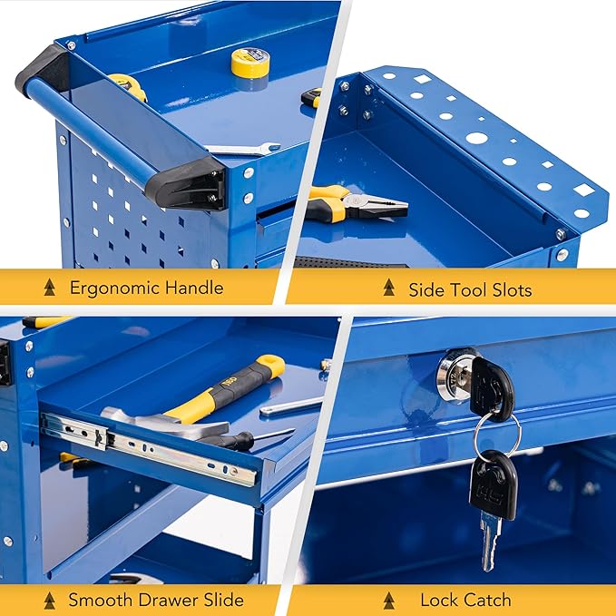 SUN & SUMMER 3-Tier Rolling Tool Cart with Wheels, Rolling Tool Chest 330 LBS Capacity Heavy Duty Utility Industrial Service Cart with Locking System Drawer for Garage, Warehouse, Repair Shop (Blue)