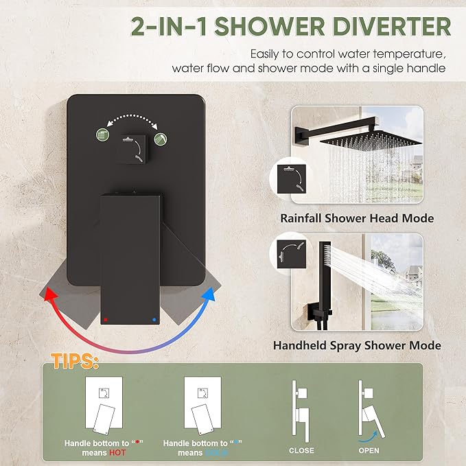 Black Shower System, Wall Mounted Shower Faucet Set with Valve, 10-Inch Rainfall Shower Head with Handheld Combo Spray, 59'' Long Shower Hose and Shower Trim Kit, Matte Black