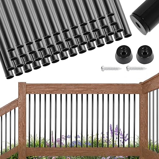 51 Pack 32 Inch Aluminum Deck Balusters 3/4" Diameter Hollow Round Balusters for Deck Railing Deck Spindles with Screws for Railing Fencing Balusters Staircase Spindles with Connectors