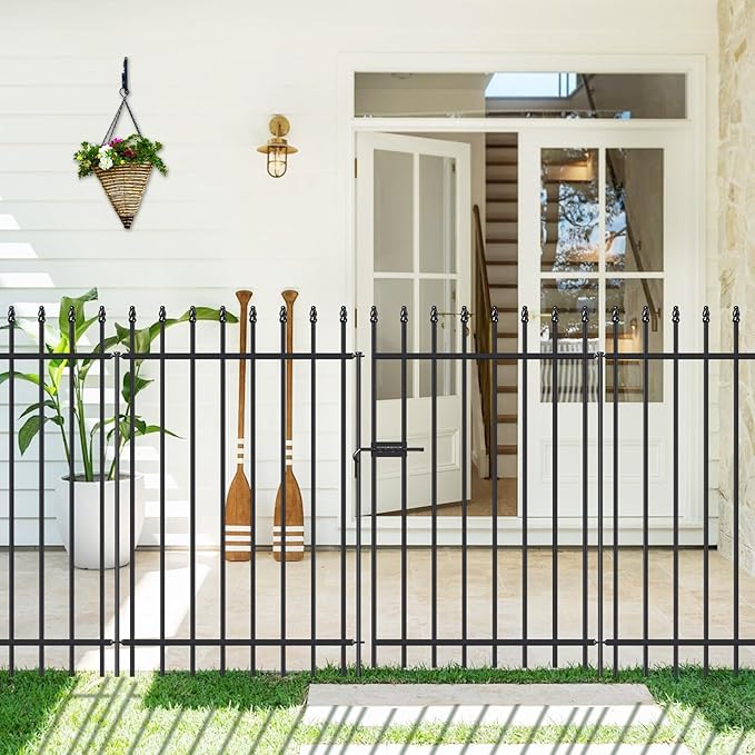 Metal Garden Fence with Gate 42 in H x 11.5 ft L, 1 Gate + 4 Panels Border Fence Panels Animal Barrier for Dogs, No Dig Garden Fencing for Yard Patio Flower Bed Lawn Outdoor, Black