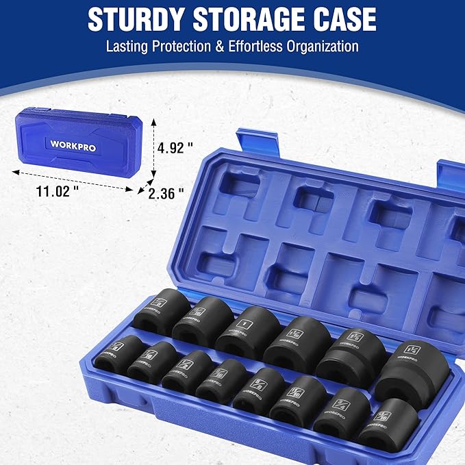 WORKPRO 1/2” Drive Shallow Impact Socket Set, SAE Cr-V Steel 6-Point Socket Set with Storage Case for Automotive Maintenance and Repairs (14PCS 3/8”-1-1/4")