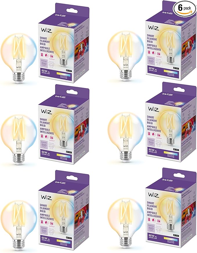 WiZ Clear 60W G25 Tunable White Filament LED Smart Bulb - Pack of 6 - E26- Indoor - Connects to Your Existing Wi-Fi - Control with Voice or App + Activate with Motion - Matter Compatible